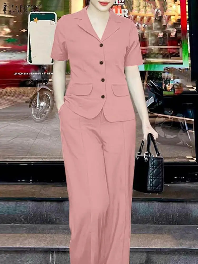 ZANZEA Elegant Women Short Sleeve Shirt Wide Leg Trousers Suits