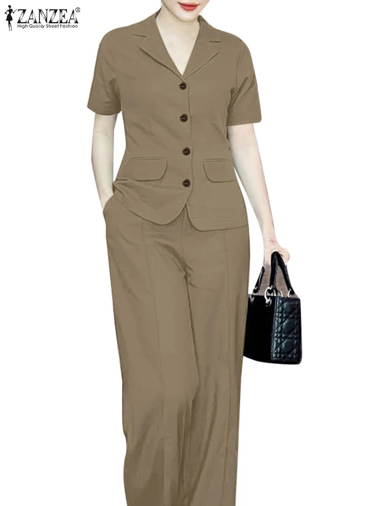 ZANZEA Elegant Women Short Sleeve Shirt Wide Leg Trousers Suits