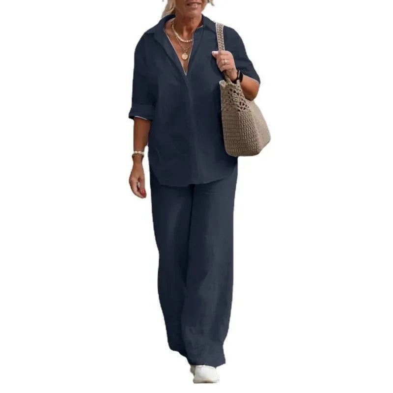 Shirt Casual Wide-leg Pants Suit 2 Piece Sets