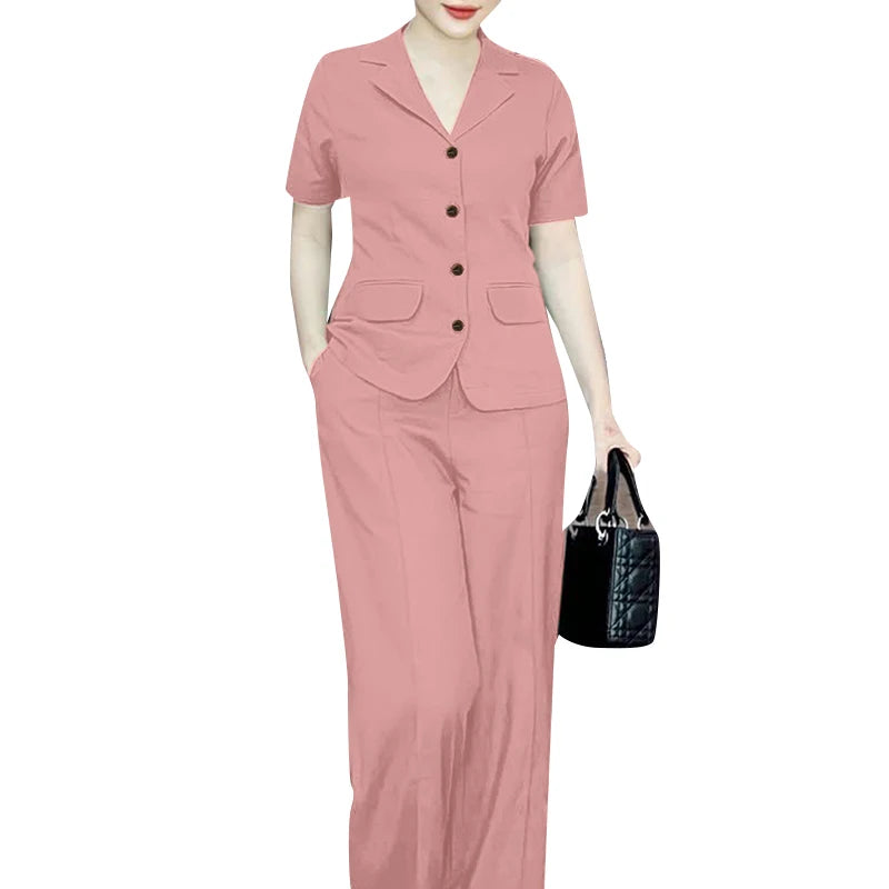 ZANZEA Elegant Women Short Sleeve Shirt Wide Leg Trousers Suits