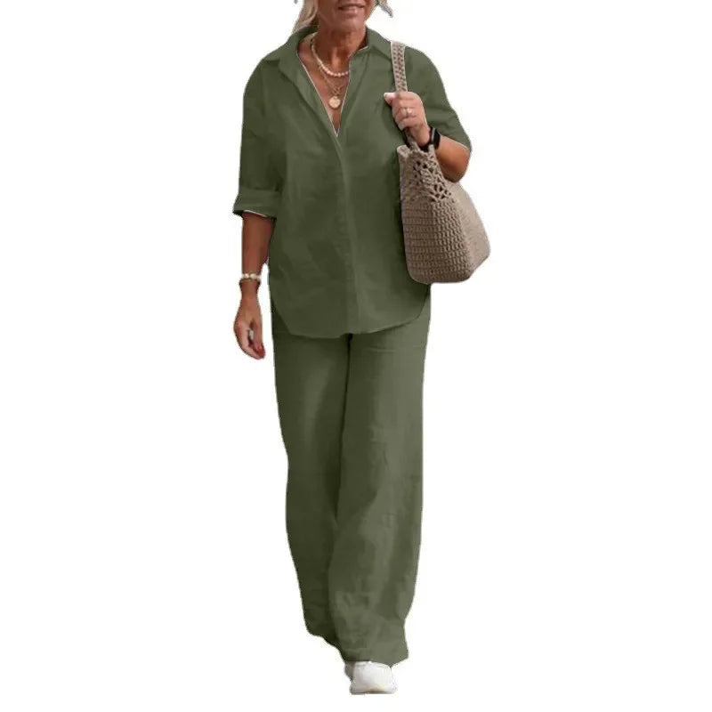 Shirt Casual Wide-leg Pants Suit 2 Piece Sets