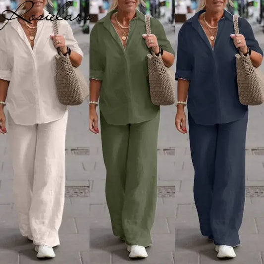 Shirt Casual Wide-leg Pants Suit 2 Piece Sets