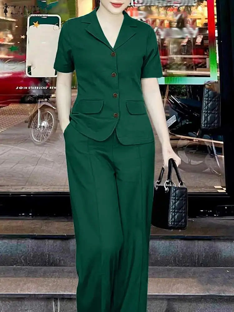 ZANZEA Elegant Women Short Sleeve Shirt Wide Leg Trousers Suits