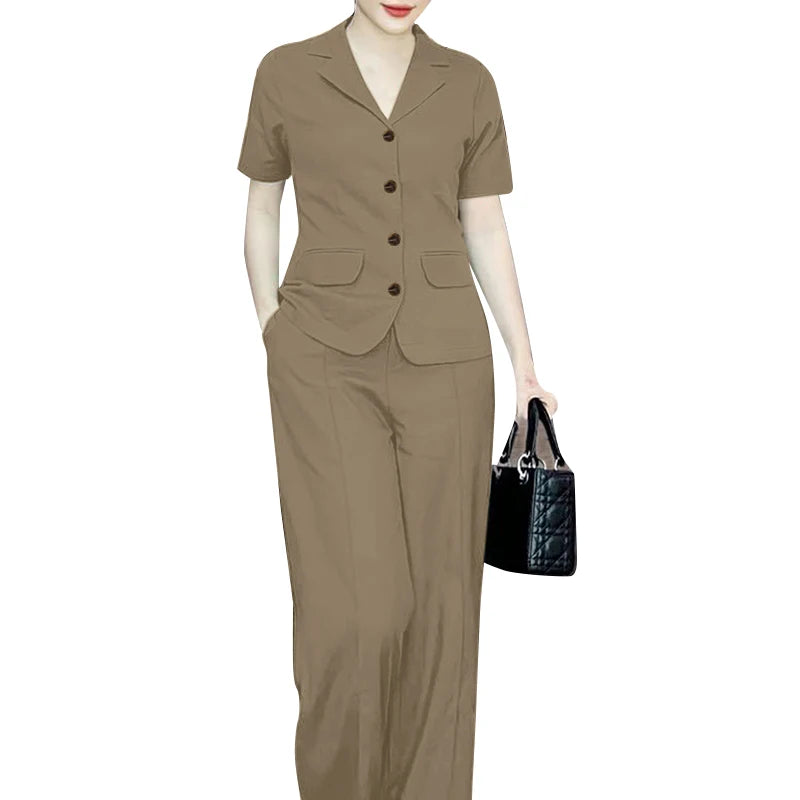 ZANZEA Elegant Women Short Sleeve Shirt Wide Leg Trousers Suits