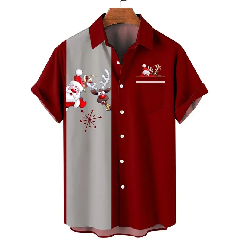 Santa & Elk Short Sleeve Button-Down Shirt for Men